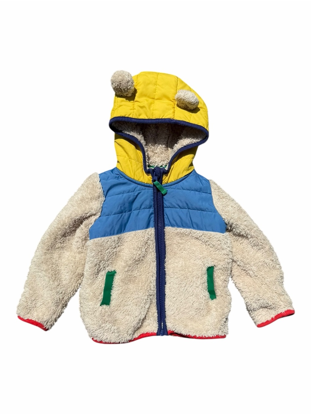Baby Boden Mixed Borg Jacket 12-18M 86cm Colorblock Bear Ear Hood Fleece